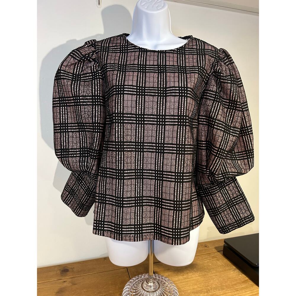 GARCIA L Red Blue Check Mock Neck Exaggerated Puff Sleeve Structured Bodice Chic